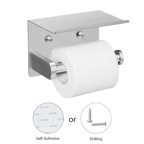 VAEHOLD Self Adhesive Toilet Paper Holder with Phone Shelf SUS304 Stainless Steel Wall Mounted Toilet Paper Roll Holder - Rustproof and Bathroom Washroom Tissue Roll Holder with Storage Shelf - Silver