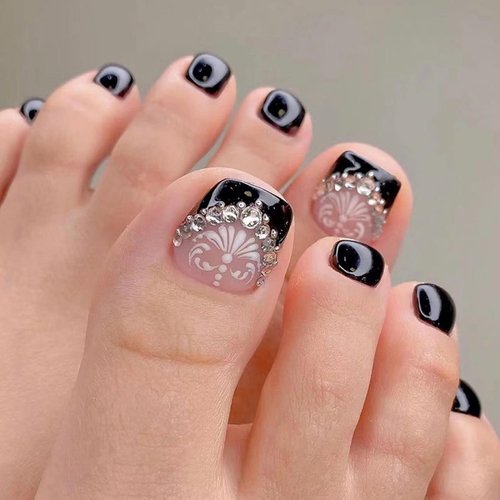Black Press on Toe Nails Short Square Fake Toenails Black Glue on Toenails Press Ons with White Flower Design Full Cover Solid Color Toe nail Tips Acrylic Toenails Kit for Women 24 Pcs