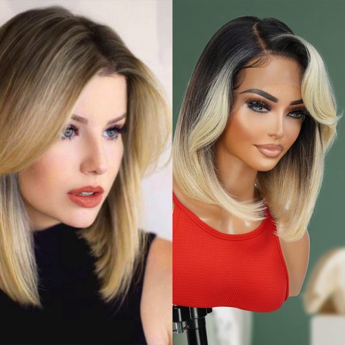 GLAM21USA HD LACE Front Wig 13X6 Glueless Transparent Lace Frontal Bob Wigs Human Hair Blend Pre Plucked Swiss Lace Straight Curly Heat Friendly Synthetic Wig - Sheree (12 Inch, MOP1B/BLONDE)