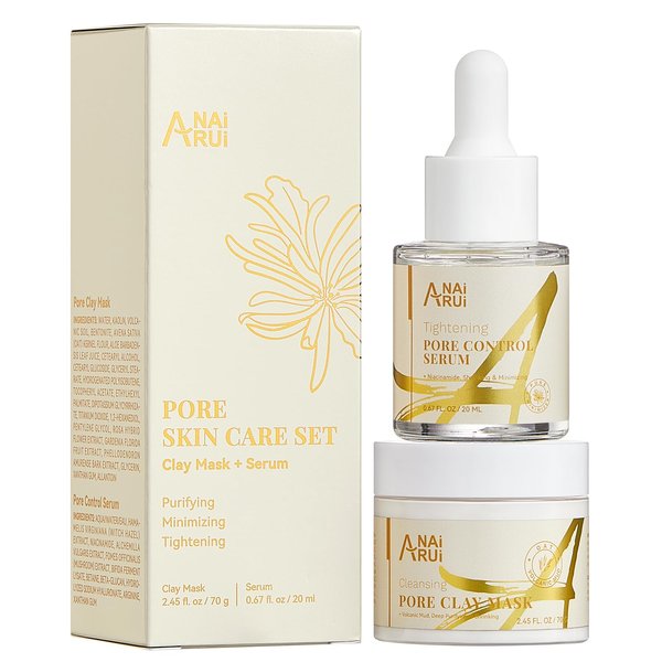 ANAI RUI 2 in-1 Pore SkinCare Set, Pore Clay Mask+Pore Minimizing Serum,Volcanic Pore Clay Mask for Nose&Face, Pore Reducer, Sebum Control Pore Exfoliating Solution, Skincare for Women