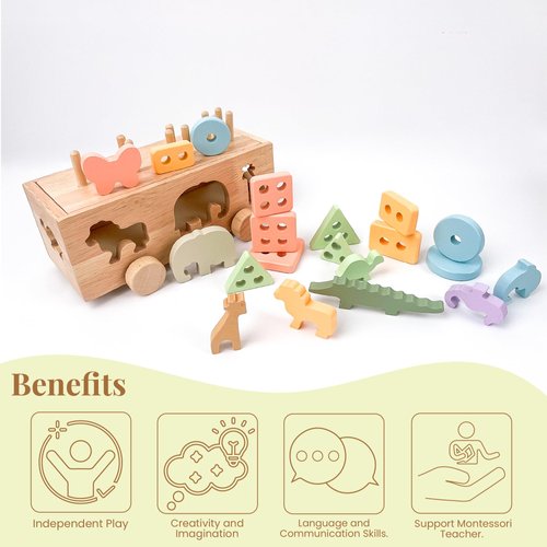 Educational Wooden Animal Shape Sorter & Stacking Toy for Toddlers - Interactive Learning Toy with Colorful Shapes and Animals - Montessori Wooden Educational Material.