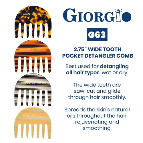 Giorgio G63 Detangling Comb for Women - Wide Tooth, Pocket and Travel Size for Thick Hair, Wet or Dry Everyday Care. Handmade, Saw-Cut, and Polished