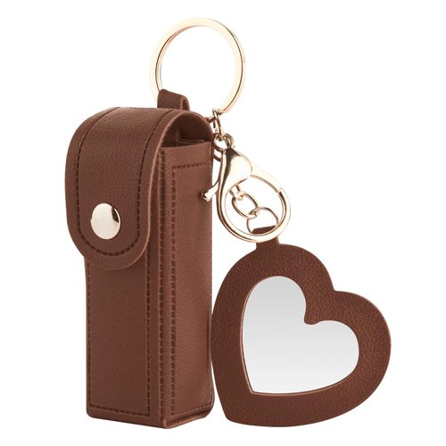 Lipstick Organizer Keychain Chapstick Case with Mirror for Women, Portable Lipstick Leather Holder Lip Gloss Lip Balm Case (Brown, Heart)