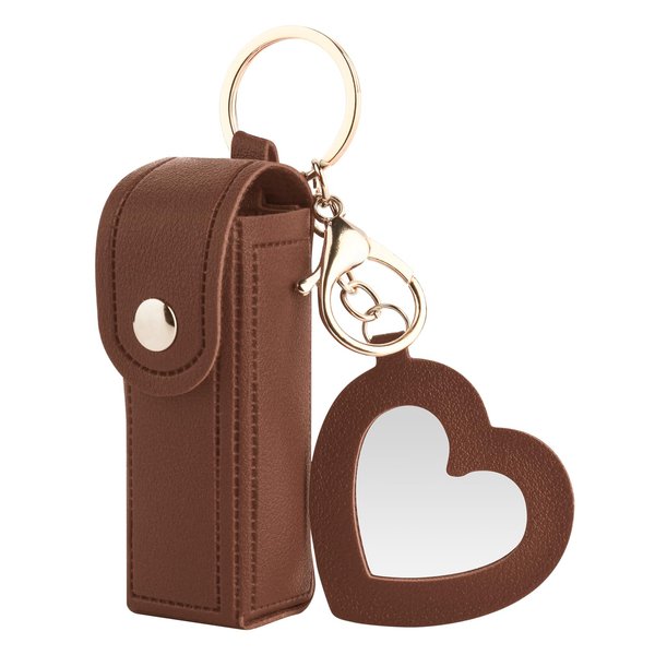 Lipstick Organizer Keychain Chapstick Case with Mirror for Women, Portable Lipstick Leather Holder Lip Gloss Lip Balm Case (Brown, Heart)