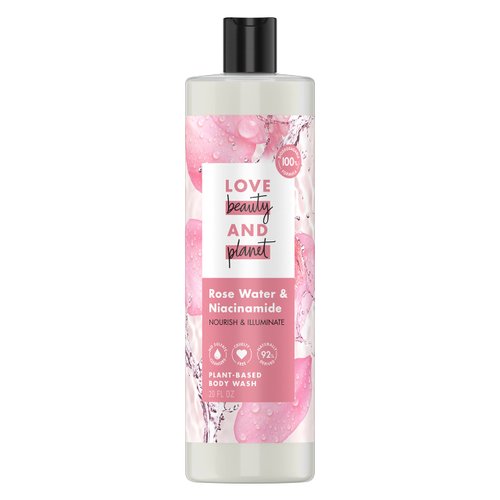 Love Beauty and Planet Plant-Based Body Wash Nourish and Illuminate Skin Rose Water and Niacinamide Made with Plant-Based Cleansers and Skin Care Ingredients, 100% Biodegradable 20 fl oz