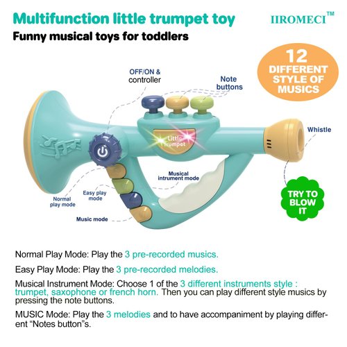 IIROMECI Musical Toys for Kids, Little Trumpet Toy for Toddlers, Baby Educational Toys, Infants Music Toys for Girls Boys Ages 1 2 3 Years Old (Blue)