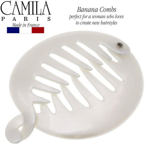 Camila Paris CP3015 3.255 inch French Banana Clip Hair Comb White Round Girls Ponytail Holder Interlocking Banana Combs For Volume Thick Hair. Fashion Styling Hair Accessories for Women Made in France