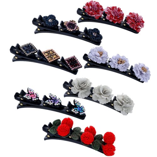 SENNI 7PCS Sparkling Crystal Stone Braided Hair Clips Hairpin Duckbill Clip with 3 Small Clips Flowers For Womens Girls Satin Fabric Hair Bands, Rhinestone Hair Clips Hair Accessories Gift (Style 7)