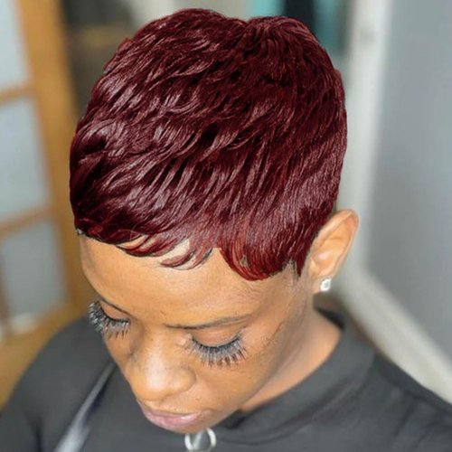 Pixie Cut Wigs for Black Women Short Curly Wine Red Wigs Pixie Burgundy Wigs with Bangs Short Wig...