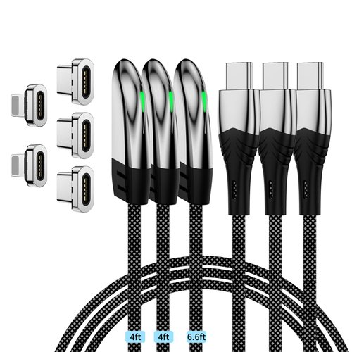 iAXBi Magnetic Data Cable 3-Pack (4ft/4ft/6.6ft) PD65W Fast Magnetic Phone Slant Charging Cable for iPhone14/13/Samsung/Pixel/MacBook/ipad Air Fast Charging Data Transfer Magnetic C-Cable