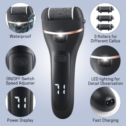 VACTO Electric Foot Callus Remover 14-in-1 Rechargeable Foot File Pedicure Kit Foot Care Tools with 3 Rollers 2 Speed LED Battery Display, Foot Scrubber Kits for Cracked Heels Callus and Dead Skin