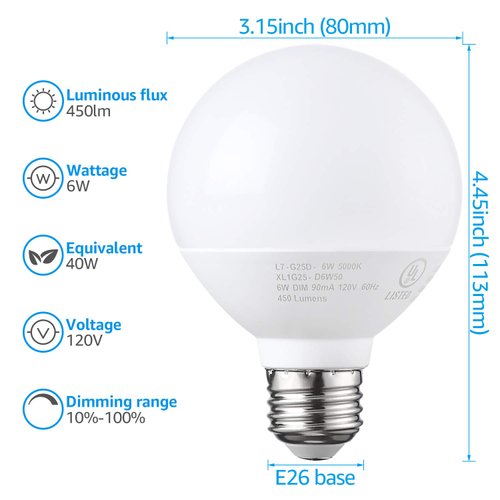 TORCHSTAR G25 LED Globe Light Bulbs, Dimmable, 5000K Daylight, Vanity Light Bulb, UL & Energy Star Listed, E26 Base, Pack of 6