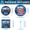 96 Pcs 10th Birthday Video Game Party Supplies 350 GSM Video Game Birthday Decorations Disposable Paper Plates and Napkins Tableware Set for Kids Boys 10th Birthday Gamer Gaming Party Serves 24