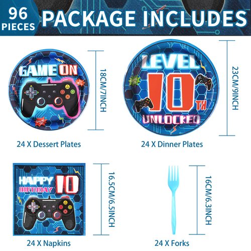 96 Pcs 10th Birthday Video Game Party Supplies 350 GSM Video Game Birthday Decorations Disposable Paper Plates and Napkins Tableware Set for Kids Boys 10th Birthday Gamer Gaming Party Serves 24