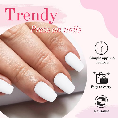 AddFavor 120pcs Press on Nails Short Coffin Full Cover Ballerina Fake Nails Acrylic Glue on Nails Set with Adhesive Tabs Nail File for Women and Girls Manicure, Matte White