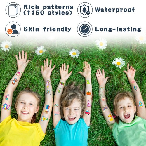 Partywind 100 Sheets (1150 Styles) Temporary Tattoos for Kids Goodie Bag Stuffers, Fake Tattoo Stickers for Boys and Girls Party Favors Supplies, Cute Birthday Prizes for Kids