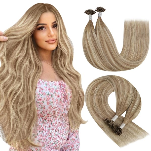YoungSee Utip Hair Extensions Human Hair Balayage Light Brown Ombre Platinum Blonde U Tip Keratin Hair Extensions to Get Natural Looking Utips Extensions Real Human Hair Silky Straight 16In 1G/S 50G