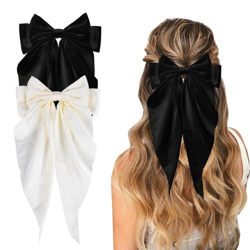 Hair Bow for Women, Big Bow Hair Clip, Silky Satin Hair Bow with Long Tail, Hair Barrette Girls Hair Accessories for Birthday Wedding Holidays (Black and White)