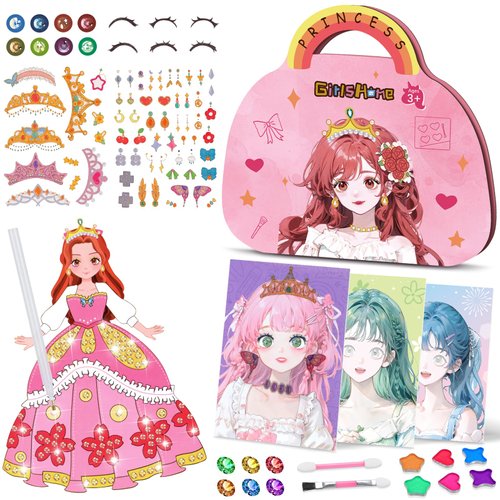 GirlsHome 3 in 1 Dress Up Game Set Princess Fantasy- DIY Kids Paper Makeup Crafts Toy Kit with Princess Makeup Kit,Diamond Painting,Dress Up Stickers,Gifts for 4 5 6 7 8 Year Old Girls
