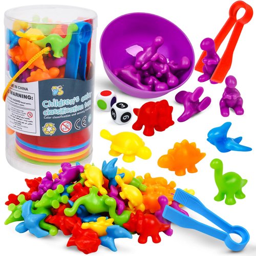 NAODONGLI Counting Dinosaurs Color Sorting Toys with Rainbow Bowls for Kids Sensory Training & Counting Activity Montessori Education Learning Activities Easter Gift for 3-5 Years Old Boys Girls