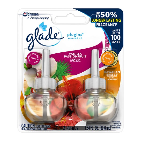 Glade PlugIns Scented Oil Refill, Hawaiian Breeze & Vanilla Passion Fruit, Essential Oil Infused Wall Plug In, 1.34 fl oz, 2 ct