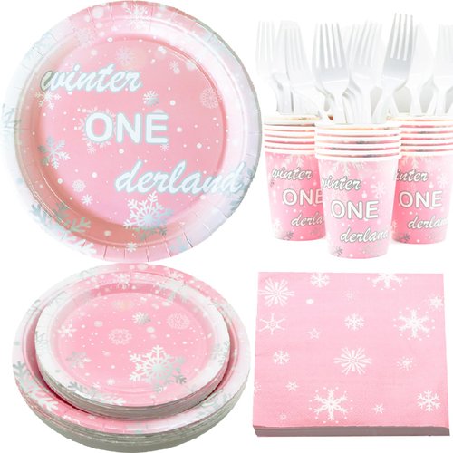 Decodinli Winter Snowflake Party Supplies Serves 20, Frozen Birthday Party Decorations, Winter Wonderland 1st Birthday Plates and Napkins Set, Winter Snowflake Birthday Party Tableware Set
