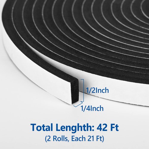 Self Adhesive Foam Tape Weatherstrip 1/2In x 1/4In x 42Ft High Density Foam Insulation Strips Foam Seal Weather Stripping with Strong Adhesive for Door and Window Sound Isolation Soundproofing