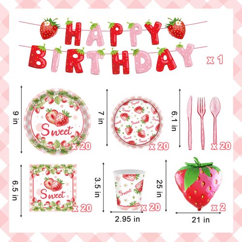 DELICAT 143 PCS Strawberry Party Decorations, Strawberry Birthday Supplies with Paper Plates Napkins Cups Disposable Tablecloth Sweet One Decor Tableware Set for Berry First Party Girl 20 Guests