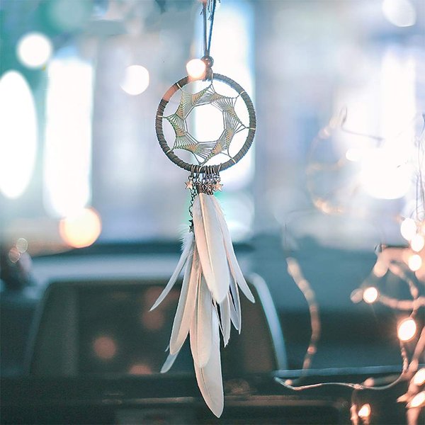 Alynsehom Dream Catcher Car Interior Rearview Mirror Hanging Decor Handmade Grids Nature Feather Small Boho Car Charms Pendant Accessories (Grey feather)