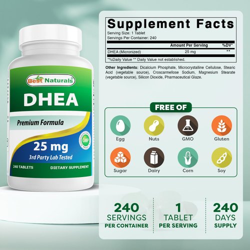 Best Naturals DHEA 25mg (Micronized) 240 Tablets - Pack of 3