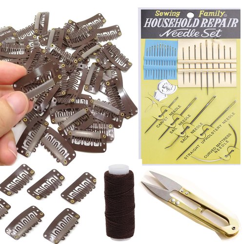 Wig Clips with Soft Rubber Hair Extensions Clips 32mm U-Shape Snap Comb Clips Hair Wig Clip Needles Thread Scissors Set for wig hair extensions (Dark Brown)