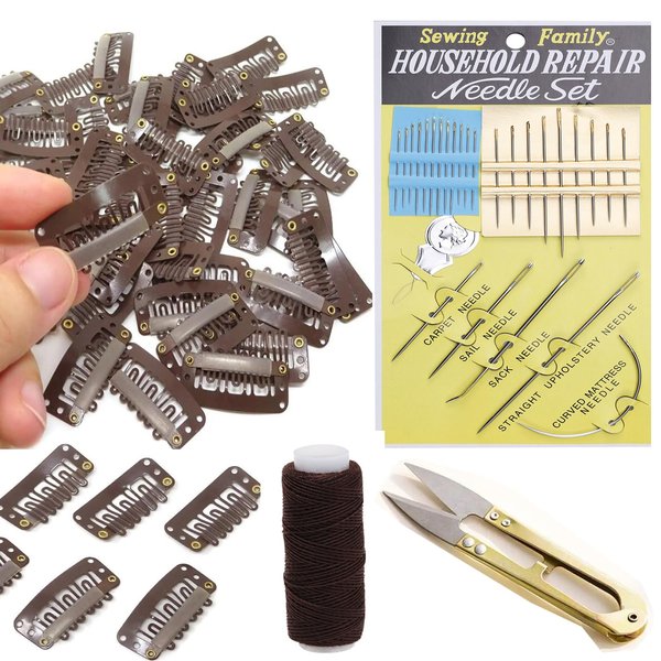 Wig Clips with Soft Rubber Hair Extensions Clips 32mm U-Shape Snap Comb Clips Hair Wig Clip Needles Thread Scissors Set for wig hair extensions (Dark Brown)