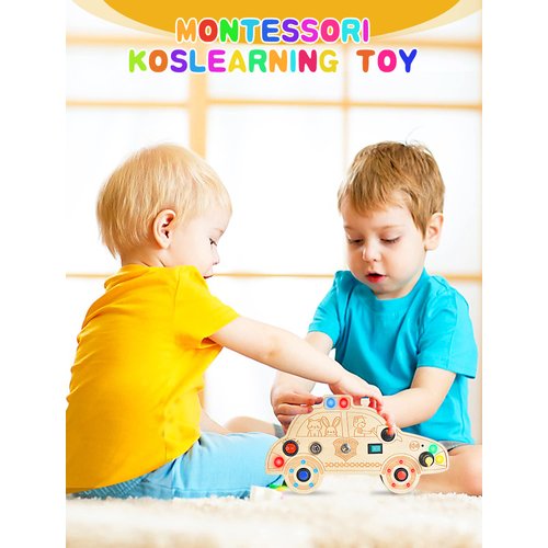 HOOLYUK Busy Board for 3+ Year Old Toddler, Wooden Car Sensory Toy for Autistic Children with LED Light Switches and Toggle Switch, Portable Fidget Toy Great for Travel