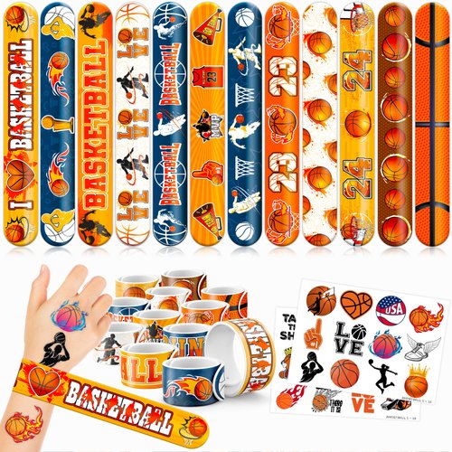 48 Basketball 24PCS Basketball Temporary Tattoos Sticker 24PCS Slap Bracelets Perfect for Themed Birthday Party Favors Baby Showers or Classroom Rewards Ideal Decor and Gifts for Girls and Boys