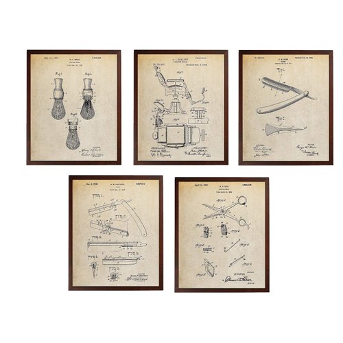 Turnip Designs Barber Chair Razor Shears Shaving Brush Patent Barber Shop Decor Bathroom Wall Art Shaving Brush Poster TDP1020