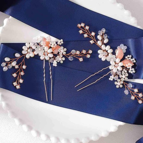 Barode Rhinestones Bridal Wedding Hair Pins Rose Gold Pearls Flower Hair Pin Bride Hairpieces Leaves Hair Accessories for Women and Girls(Pack of 2)