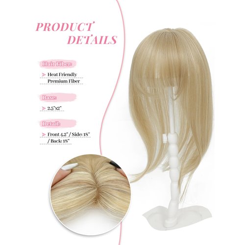 PANEWAY Hair Topper with Bangs Hair Clip 360°Cover Clip in Bangs Hair Toppers for Women Champagne Blonde Air Bangs Hairpieces for Women Fake Bangs for Daily Wear