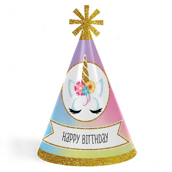 Rainbow Unicorn - Cone Magical Unicorn Happy Birthday Party Hats for Kids and Adults - Set of 8 (Standard Size)