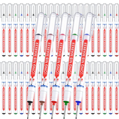 Ireer 60 Pcs Multi Purpose Deep Hole Marker Pens Long Nosed Marker Deep Drill Hole Long Nib Scriber Waterproof Mechanical Carpentry Colorful Marker Pen for Woodworking Hardware Decoration Construction