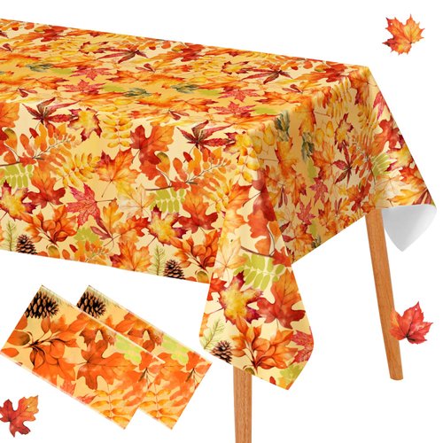 FULJOOY 4 Pcs Fall Tablecloth Sets 2 Maple Leaf Plastic Table Cover and 2 Banner Thanksgiving Tablecloth Maple Leaves Table Cloth Waterproof Thanksgiving Rectangle Tablecloth for Harvest Holiday Party