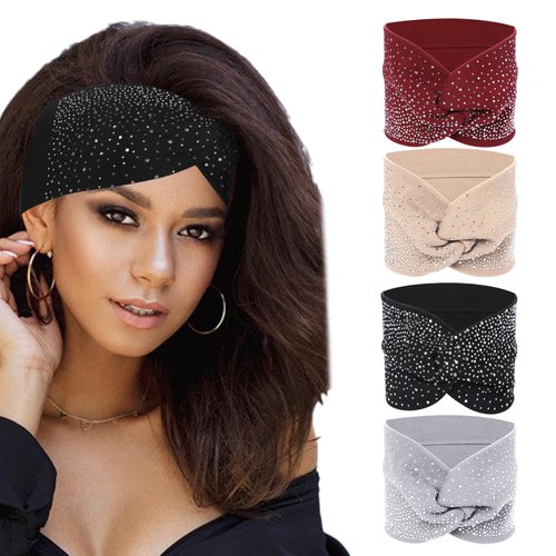 Sliverdew Headbands for Women, 4 PCS Rhinestone Boho Stretch Headbands - Light Gray, Khaki, Burgundy, Black [Crystal, Soft, Breathable, Elastic Turban for Yoga & Running]