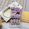 Press on Nail Square Medium Artificial Acrylic Nails Marble Pattern False Nails Gradient Flower Design French Fake Nails Full Cover Glossy Reusable Coffin Nails Glue on Nails for Women 24Pcs
