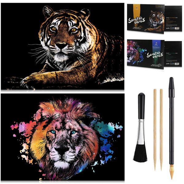 Animal Scratch Art Rainbow Painting Paper, Engraving Art & Craft Sets, Creative foil Scratch Art Toys Gift, DIY Sketch Card Scratchboard for Kids & Adults, Women - 16'' x 11.2'' with 3 Tools (Tiger)