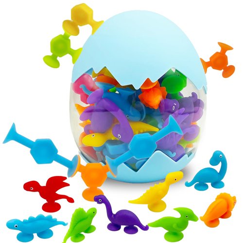 Bath Toys Suction Toys Sensory Toys for Kids Ages 3-7 Boys Girls Stress Release Toys Travel Toys Window Shower Bathtub Toy with Dinosaur Eggshell Storage (38 Pcs)