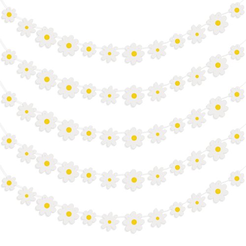Henoyso 5 Packs Daisy Groovy Boho Party Banners, Daisy Garland Kit Daisy Hanging Swirl Daisy Paper Cutouts Daisy Party Decorations for Home Classroom Birthday Party Favor Supplies (White)