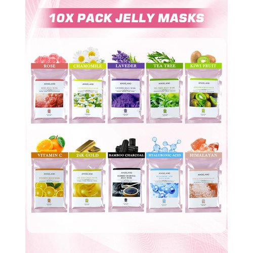 Jelly Mask for Facials Professional, Moisturizing & Hydrating Peel Off Jelly Mask SPA Set - 10 Treatments (Rose, Hyaluronic Acid, 24K Gold, Lavender, Kiwi, VC, Bamboo, Himalayan, Chamomile, Tea Tree)