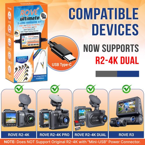 Dash Cam Hardwire Kit | USB Type C Port | for ROVE R2, R2-PRO, R2-Dual and R3 Dash Cam Models | Check Compatibility Image Before Purchasing