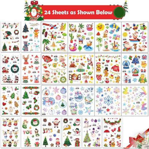 Yobbai 360 Styles Glitter Christmas Tattoos for Kids, Waterproof Temporary Tattoos Stickers for Kids Birthday Party Decorations Favors, Christmas Eve Goodie Bag Fillers(24 Sheets)