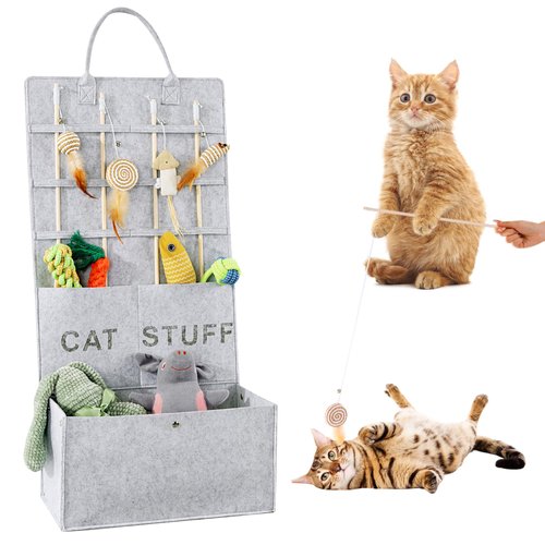 MABOZOO Cat Toy Storage Organizer for Wand Toys,Durable Pet Storage Box with Handle Cat Feather Toy Storage Hanging Bag for Neatly Organizing Teaser Wand Toys（Light Grey）