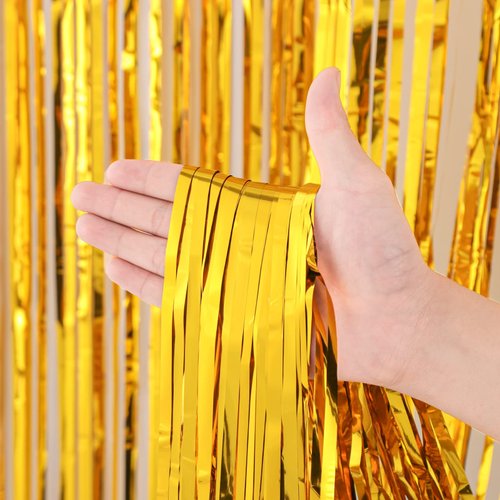 Voircoloria 3 Pack 3.3x8.2 Feet Gold Foil Fringe Backdrop Curtains, Tinsel Streamers Birthday Party Decorations, Fringe Backdrop for Graduation, Baby Shower, Gender Reveal, Disco Party